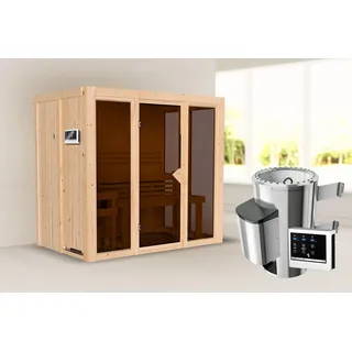 Karibu Sauna Irava 3 - 68 mm Systemsauna - 230 Volt Plug & Play Bronzierte Ganzglastür Ohne Dachkranz 3,6 kW Plug&Play Ofen mit externer Steuerung Easy