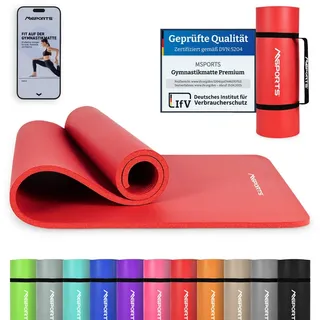 Msports Gymnastikmatte Premium inkl. Tragegurt + Übungsposter + Workout App I Hautfreundliche Fitnessmatte 190 x 60 x 1,5 cm - Rubinrot - Phthalatfreie Yogamatte