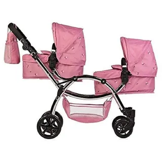 Roma Darcie Zwillingspuppenwagen in Rosa, Geeignet von 3 bis 16 Jahren, Verstellbare Griffhöhe, 16 Kombinationen, Doppel-Puppenwagen