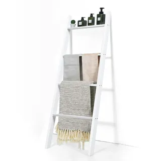 LIFEZEAL 4 Stufiges Leiterregal, Handtuchleiter Kleiderleiter aus Holz, Handtuchhalter Handtuchständer freistehend, Wäscheleiter Stehend für Wohnzimmer, Badezimmer (Weiß)