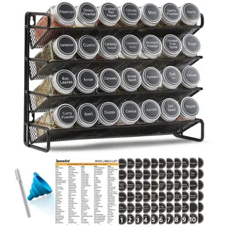spaceaid Gewürzregal-Organizer mit 28 Gewürzgläsern, 386 Gewürzetiketten, Kreidemarker und Trichter-Set für Schrank, Arbeitsplatte, Speisekammer, Schrank oder Tür & Wandhalterung