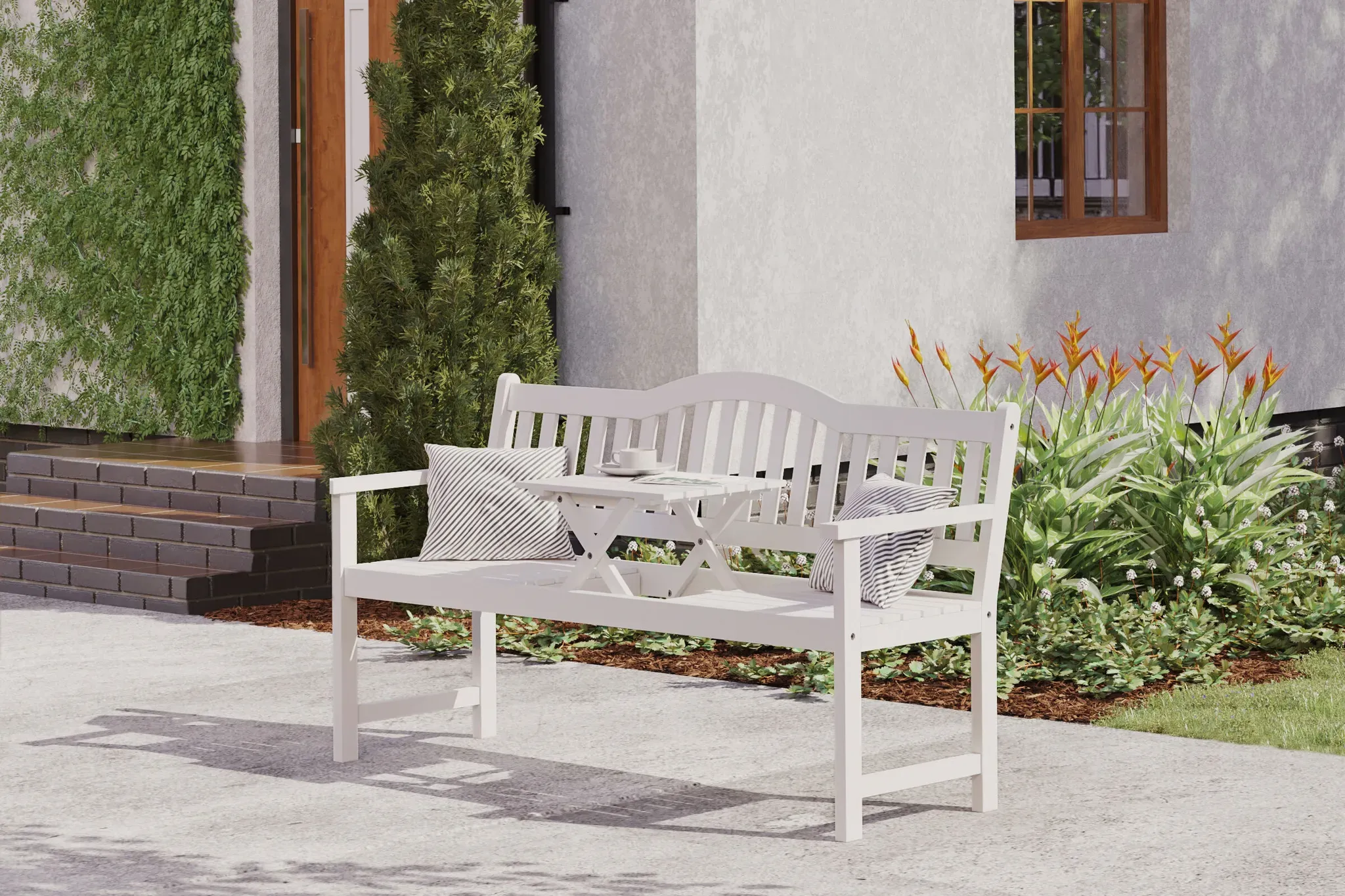VILLANA Gartenbank, weiß, Akazie, 152 x 59 x 86 cm, 2-3 Personen, Klapptisch-Funktion, FSC®-zertifiziertes Produkt