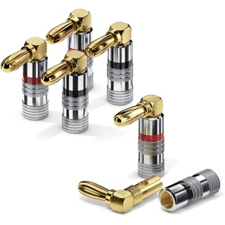 conecto Bananenstecker für Lautsprecherkabel, 4er-Set, 90° gewinkelter Stecker, vergoldet mit Farbcodierung 24kt vergoldet rot/schwarz