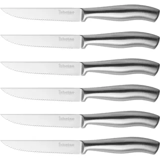 ishetao Steakmesser-Set, 6-teilig, Extra Scharfe Klinge, Wellenschliff, spülmaschinengeeignet, 12 cm, Rostfreier Stahl, Silber