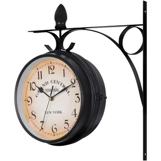 KayEsampra Bahnhofsuhr doppelseitig,Vintage Bahnhofsuhr Doppelseitig Wanduhr, Wasserfest Outdoor Garten Uhr, Bahnhof mit Halterung, Retro Eisen, 29cm, Groß Uhr für Drinnen und Draußen, Schwarz