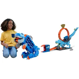 Hot Wheels 2:1 Transporter zu T-Rex mit inkl. Autorennbahn, mit Beleuchtung und Geräuschen & Autorennbahn T-Rex Angriff, Geschicklichkeitsspiel durch genaues Timing und Zielen