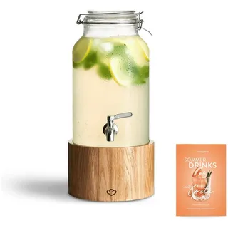 Springlane Glas Getränkespender 5 L Greta mit Edelstahl-Zapfhahn & Ständer aus Gummibaumholz, Limonaden-Spender, Vintage Design Mason Jar