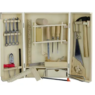 Pebaro 462 Starter Werkzeugkasten für Kinder, 25 Teile in Holzbox, kompakter Holzschrank mit Zubehör, Junior Werkzeugkiste mit Hammer, Maulschlüssel, Säge etc. , Geschenkidee für Kinder, 24 x 36 cm