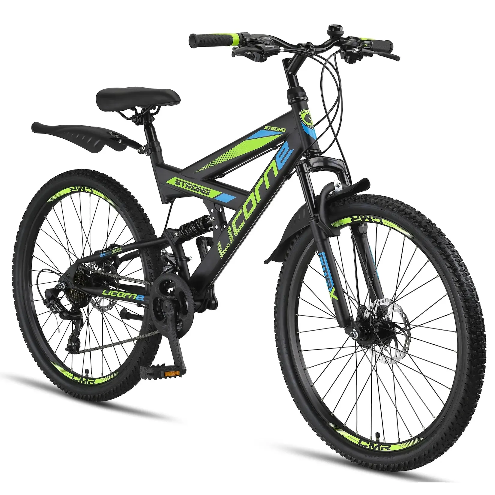 Licorne Bike Strong 2D Premium Mountainbike in 26, 27,5 und 29 Zoll - Fahrrad für Jungen, Mädchen, Damen und Herren - Scheibenbremse vorne und hinten - Shimano 21 Gang-Schaltung -  Farbe:Schwarz/Blau/Lime;Zoll:26