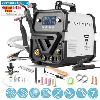 STAHLWERK Inverterschweißgerät Kombi-Schweißgerät CTM-250 ST Digital 5-in-1, 10 - 200 A, Packung}, 19-tlg., Einzelgerät, Schutzgas-Schweißgerät, Inverter mit 200 A, synergischem Drahtvorschub weiß