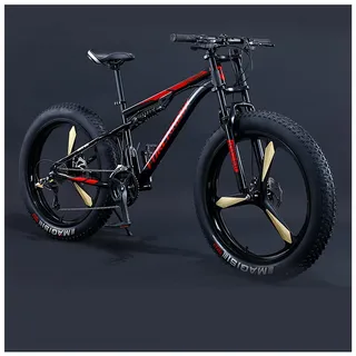 REOTEL 26 Zoll Mountainbike Herren Damen Mountainbike Fatbike, 7/21/24/27/30 Gang-Schaltung Erwachsene Fette Reifen Fahrrad, Rahmen Kohlenstoffstahl Vollfederung Bike,Black 3 Spoke,7 Speed