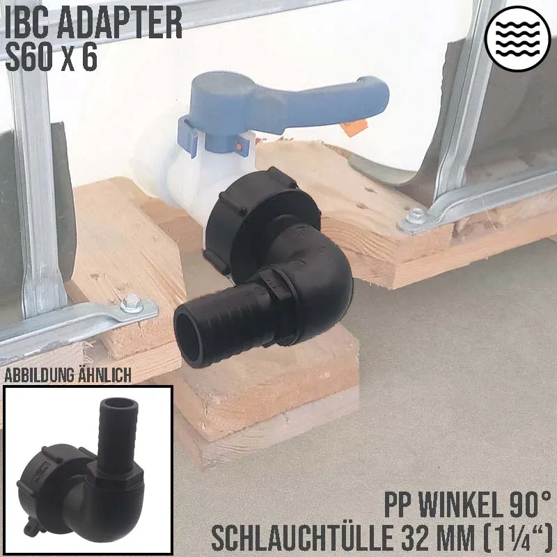 S60 x 6 IBC Winkel 90° Adapter Tülle Stutzen 32 mm 1 1/4 Container Fass Tank Zu..."