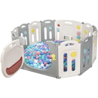 DREAMADE Faltbares Laufgitter 12 Elemente, Baby Laufstall, Absperrgitter aus Kunststoff, Schutzgitter, Krabbelgitter für Kinder mit Tür und Spielzeugboard (12 Paneele)