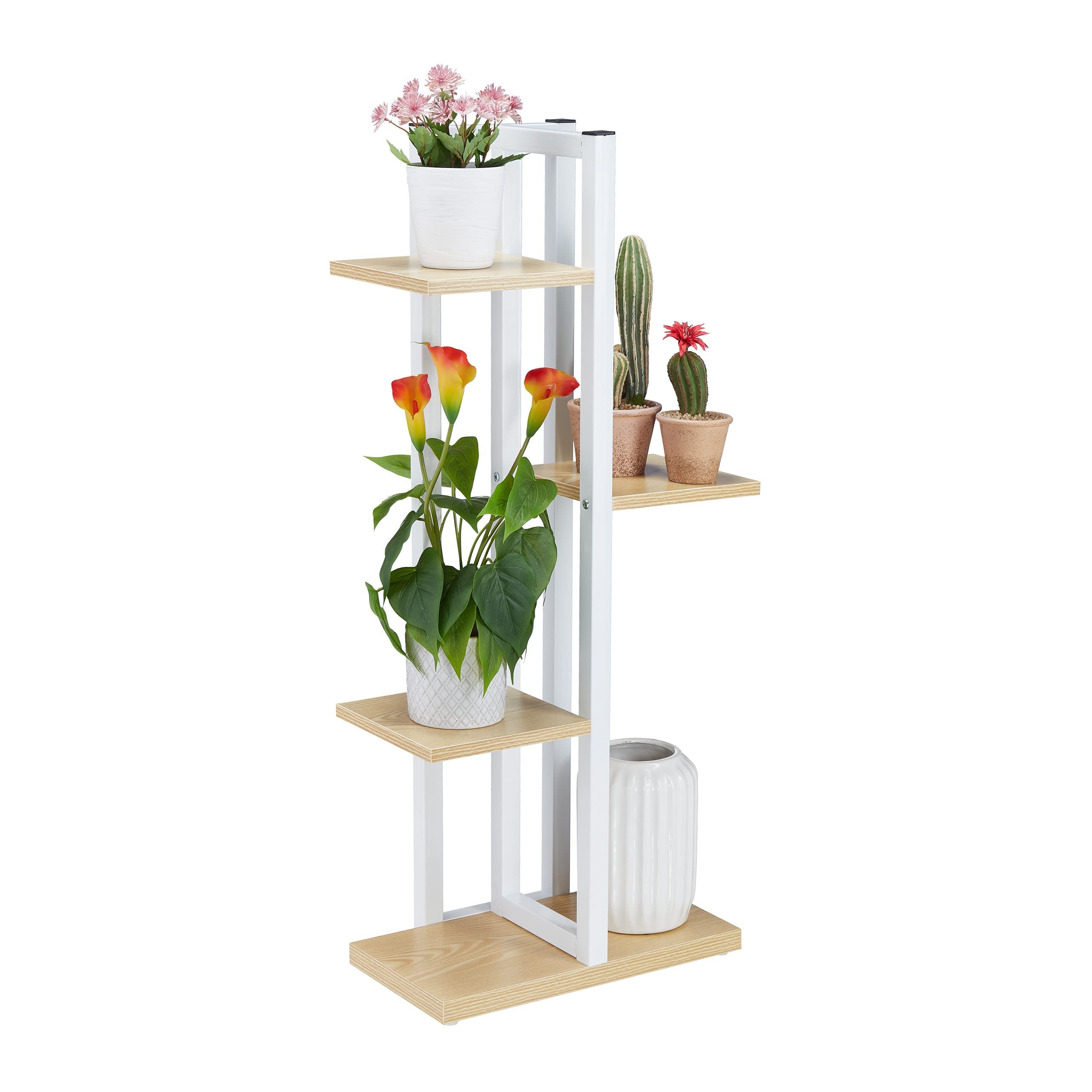 Bild Blumenregal Metall, 4-stufige Indoor Blumentreppe, Holzoptik, HxBxT: 93x42,5x22,5 cm, Pflanzenregal, hellbraun