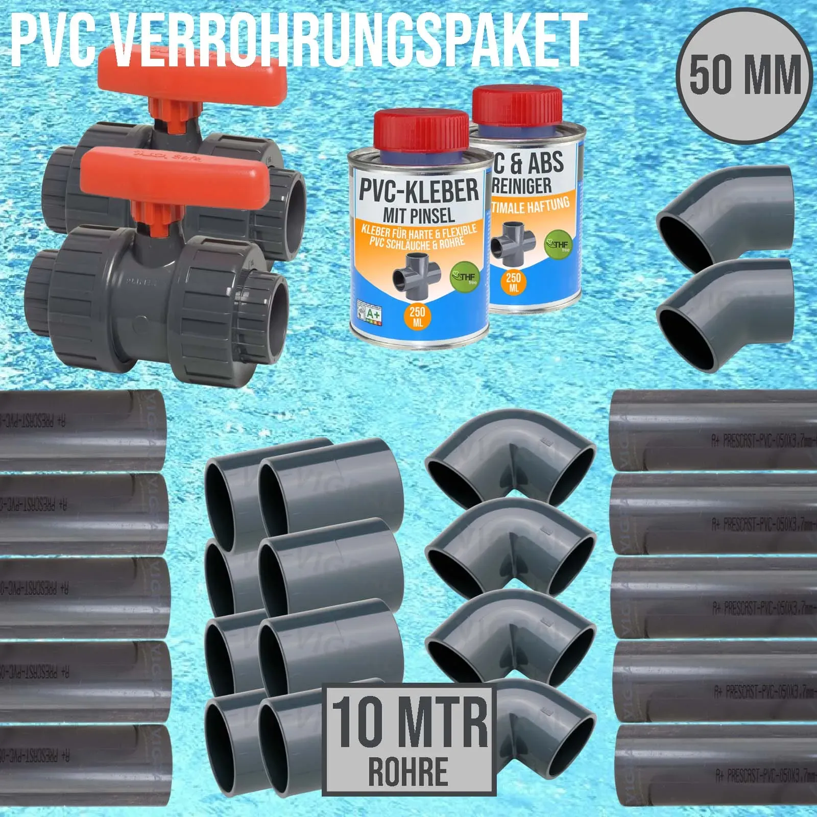 50 mm PVC Klebe Fittings Verrohrungspaket Pool Schwimmbad Schlauch Rohr FEST - 1...