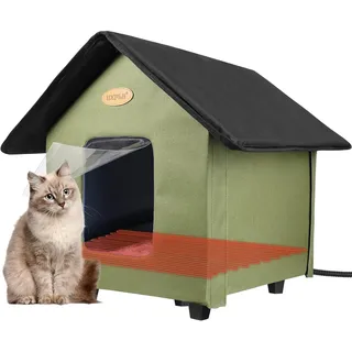 Beheiztes Katzenhaus, Katzenhaus Outdoor Winterfest Wasserdicht mit erhöhtem Sockel, faltbares Katzenhaus für Wildkatzen, Gemeinschaftskatzen und kleine Hunde (Grün)