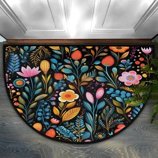 Mexpekil Halbrunde Fußmatte, 61 x 91,4 cm, bunte, lebendige Blumenblätter, saugfähig, halbrund, rutschfest, waschbar, für Zuhause, Küche