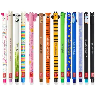 Legami Set mit 14 radierbaren Gelstiften mit thermoempfindlicher Radiertinte, verschiedene Tintenfarben und Schaftdesigns, 0,7 mm Spitze, Tiermotive