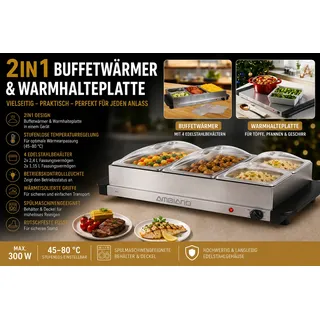 Buffetwärmer Warmhalteplatte 2in1 von Ambiano Elektrisch, 7 L, 300 W, 45-80 Grad
