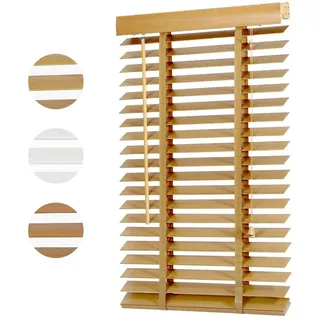 Sekey Jalousie Holzjalousie 50mm Holz jalousien Jalousette Echtholz Anpassbare Jalousie 60x130cm Naturholzfarbe