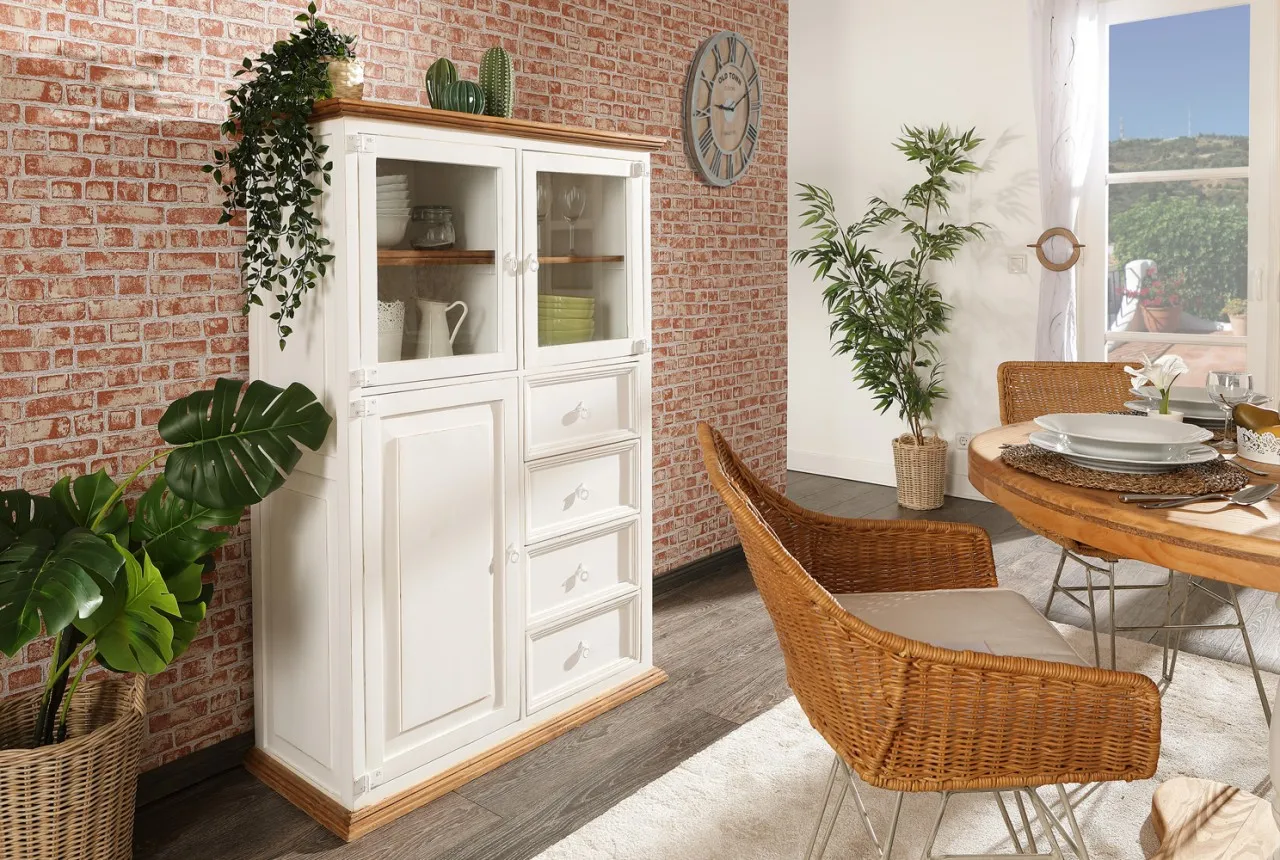Landhausstil Highboard Schrank MEXICO - Pinie / Kiefer weiß natur - Handarbeit aus Mexiko