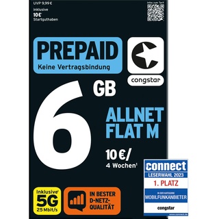 congstar Prepaid ALLNET M SIM-Karte ohne Vertrag I Allrounder Prepaid-Paket in D-Netz-Qualität I 4 GB LTE mit 25 Mbit/s + 10€ Startguthaben I Telefonie & SMS Flat in alle dt. Netze I EU-Roaming inkl.