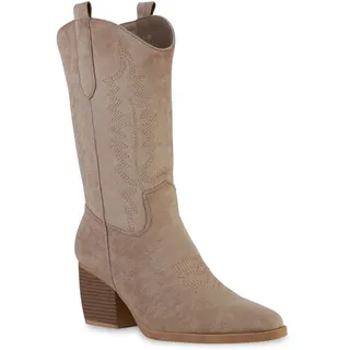 VAN HILL Damen Cowboystiefel in Khaki Velours - Braun