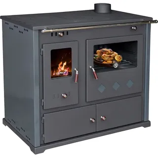 Prometey Kaminofen mit Backfach und Herdplatte Pracktik Lux Anthrazit RAL 7016 RECHTS Holzofen 9,5 kW Kamin Ofen Dauerbrandofen Werkstattofen Schwedenofen H...