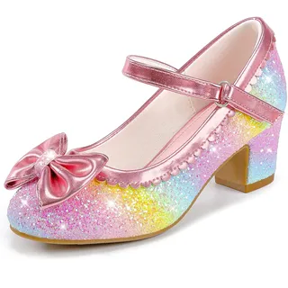LAURMOSA Stöckelschuhe Kinder Prinzessin Schuhe Mädchen Regenbogen High Heels Mary Jane Pumps mit Riemchen Schleife Festliche Glitzer Schuhe Mädchen 30 Absatzschuhe Kinder Party (EUL1036SeRainbow 13) - 30 EU