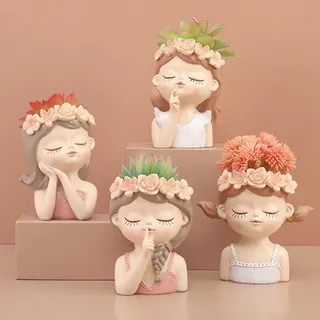 sadfd 4Stück Mädchen Gesicht Blumentopf, Gesicht Blumentopf, Harz Kopf Topf, Sukkulente Blumentopf, Nette Karikatur Blumentopf, Ornamente Dekoration Für Garten Ausgang