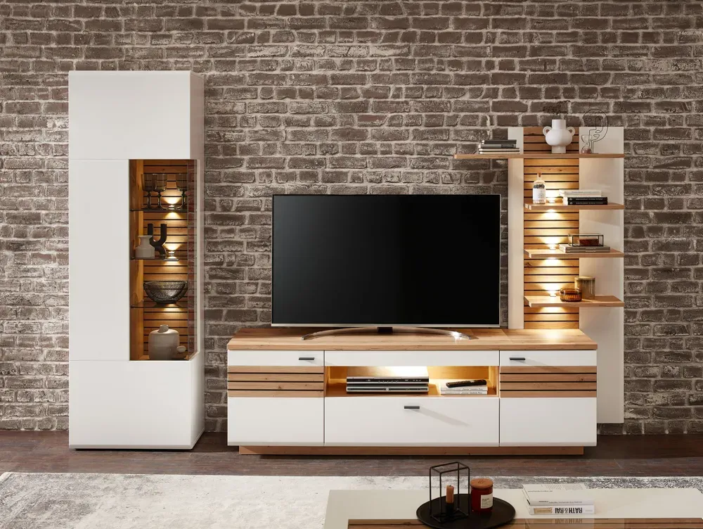 Wohn-Concept Fresno TV-/Wohnwand Holzwerkstoff Weiß matt/Eiche Artisan