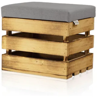 Lycce Hocker mit Stauraum, Sitzhocker Holzkiste geflammt mit gepolstertem Deckel grau 35 l (40 x 32 x 34 cm), Sitztruhe mit Stauraum für Bettwäsche, Handtücher UVM.
