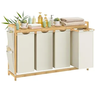 Songmics Wäschekorb Fächer Bambus, Wäschesammler L Wäschesortierer mit Ablage, Wäschesack & seitliche Taschen, Natur-Optik, 94 x 33 x 78 cm (Dunkelgrau)