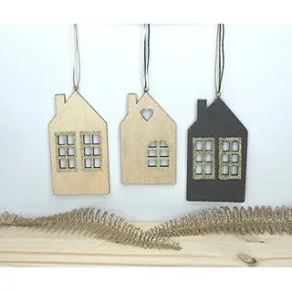 3 Holzhäuser Häuser-Reihe zum Hängen Holz Deko 2 Farben 12 cm Wei