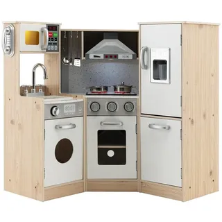 Goplus Kinderküche, Spielküche mit Umfangreichem Zubehoer, Dunstabzugshauben, Kochfelder, Backoefen, Mikrowellengeraete, Lichter und Geraeusche,