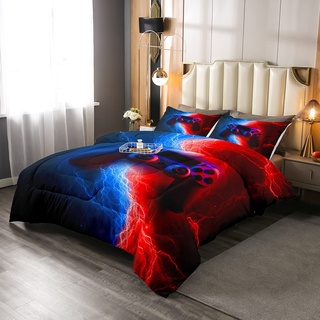 Homewish Spieler Tröster Set, Rote Und Blaue Spiele Blitze Dekor Spiele Daunendecke, für Jungen Teens Videospiele Spieler Spiele Bettdecke Einsatz, Modern Schlafzimmer Zuhause Dekor 2 Stück, 135x200