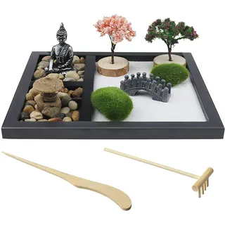 Nizirioo Zen Garten Set Mini-Zen-Garten Zen Sand Meditations-Ornamente Japanisches Zen Sand Miniatur Geschenk Set Mini Meditation Rock Sand Garden Holzsockel für Entspannung Meditation(Buddha-Statue)