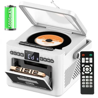 Boombox CD Player tragbar, CD-Player mit Kassettenspieler,UKW-Radio mit cd Player, Wiederaufladbarer Akku,Fernbedienung, USB/AUX/MP3/TF-Karten-Wiedergabe/3,5mm-Kopfhörer für Zuhause (5000mAh)