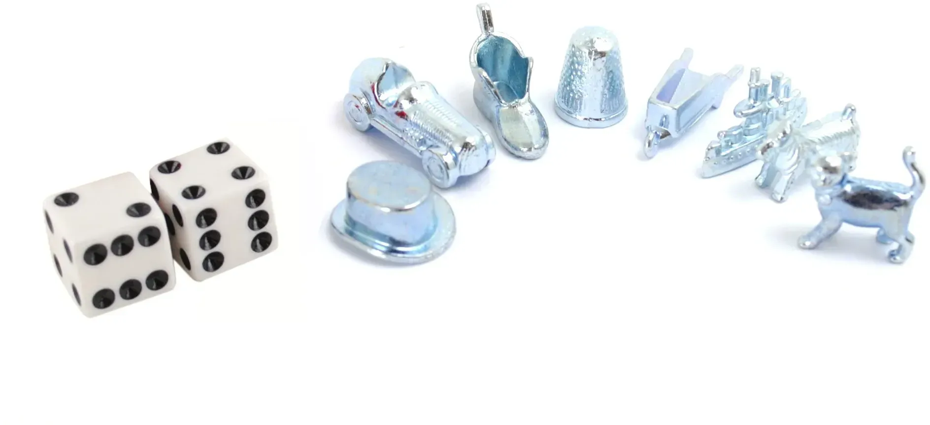 Monopoly Figuren und Würfel (silber, 2 weiße Würfel)