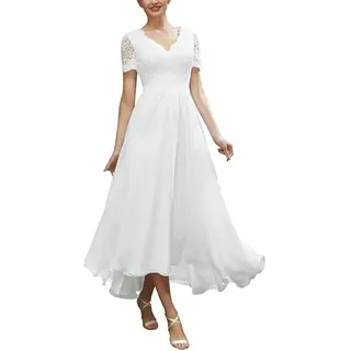 Vintage Brautkleider A-Linie Spitzen Hochzeitskleid Kurzarm Standesamtliche Schlichte Brautmode, SEVENYXX, White, 40