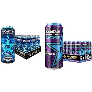 Rockstar Energy Drink XDurance Blueberry - Koffeinhaltiges Erfrischungsgetränk für den Energie Kick, EINWEG (12x 500ml) & Energy Drink Super Sours Blue Raspberry - Saures, EINWEG (12x 500ml)