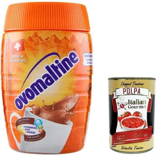 6x Ovomaltine Lösliche Zubereitung für Getränke auf Gerstenmalz und Kakao Basis mit Vitaminen und Mineralstoffen 400g + Italian Gourmet polpa 400g