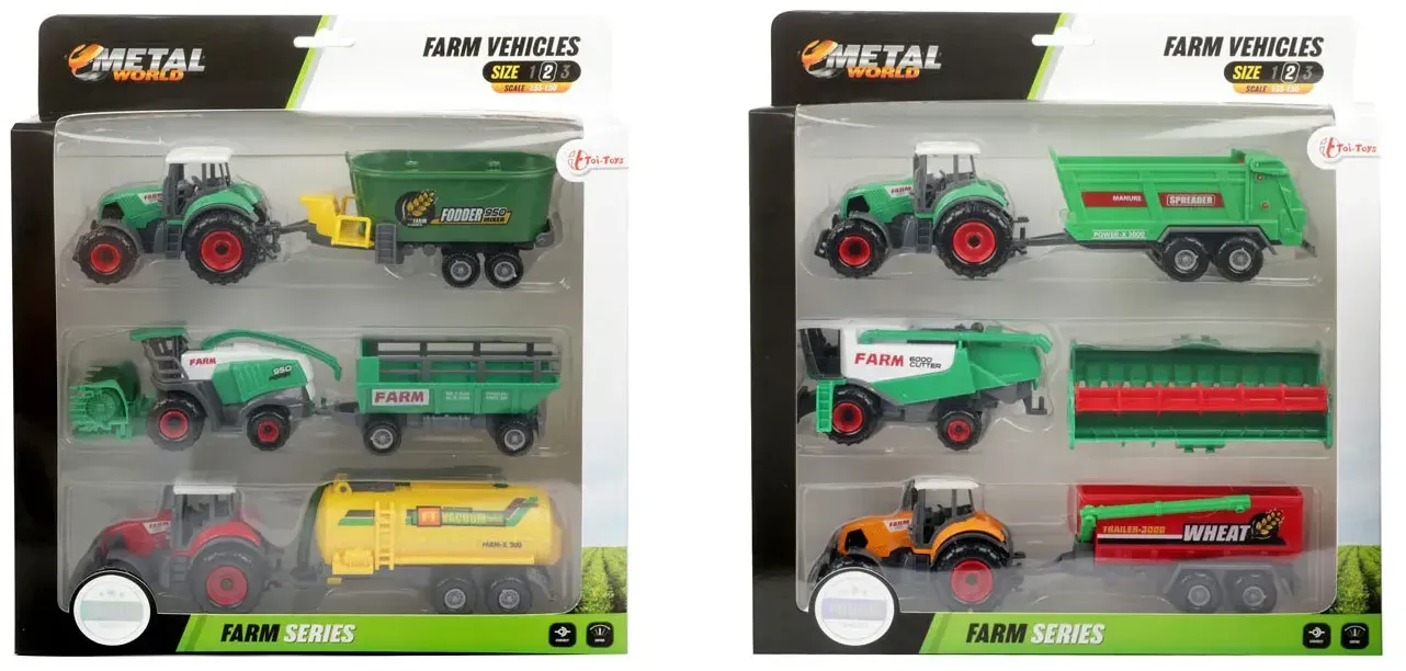 Toi-Toys 28002Z - METAL Landwirtschafts-Set - Traktor + Anhänger (6-teilig), (zufällige Auswahl)