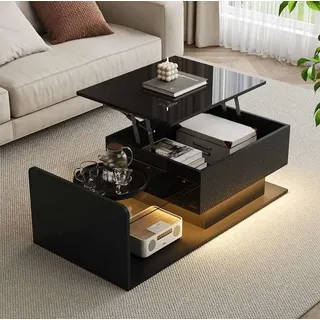Couchtisch Aus Spanplatte In Schwarz Hochglanz Mit Tischplatte Aus Gehärtetem Glas, Höhenverstellbar, 100 Cm