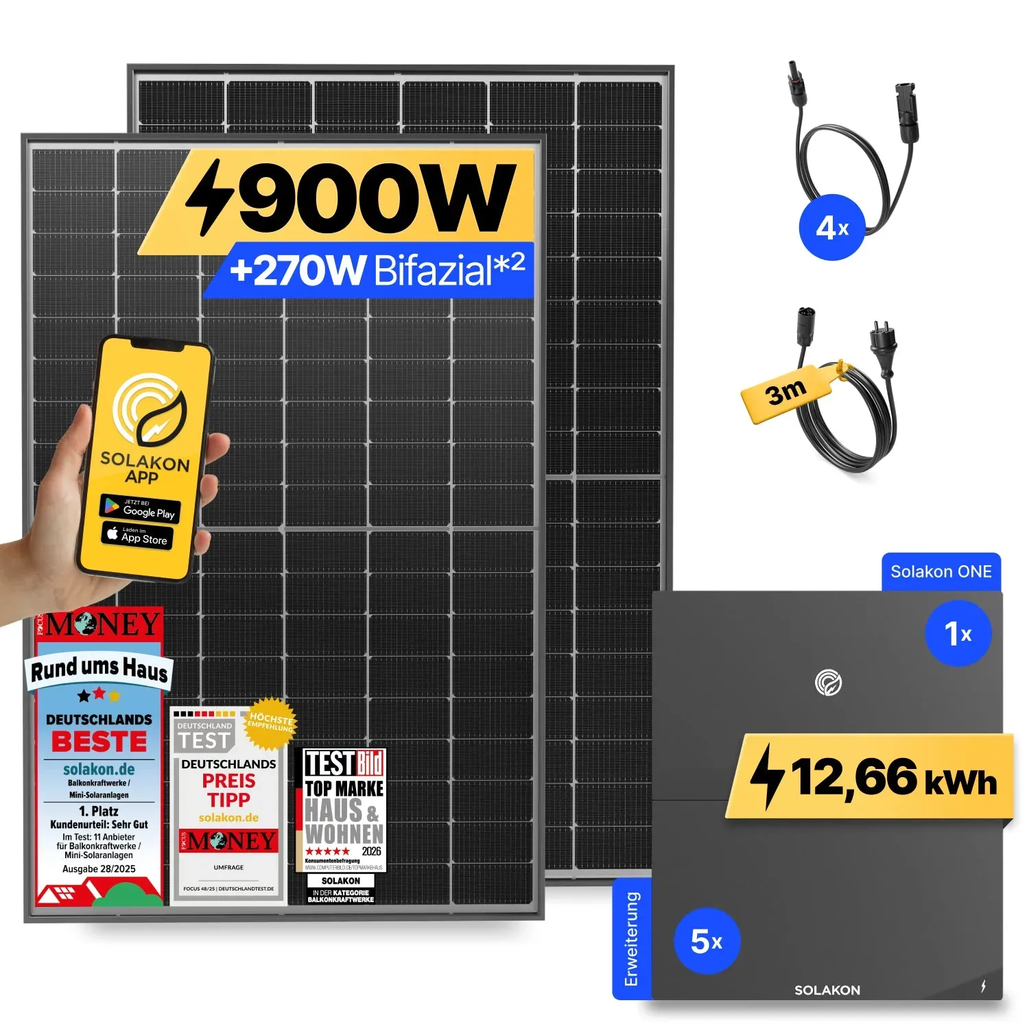 onLite: 900 Watt Balkonkraftwerk - ohne Halterung / 12.66 kWh / 3m