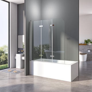 Duschwand für Badewanne 140 x 140 cm 3-teilig Faltbar Duschwand Silber Duschabtrennung Falttür Badewannenwand Trennwand mit 6mm Nano Glas