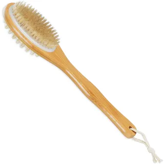 Relaxdays Rückenbürste, doppelseitige Duschbürste, 37 cm lang, Naturborsten und Massagenoppen, zum Duschen, natur/weiß