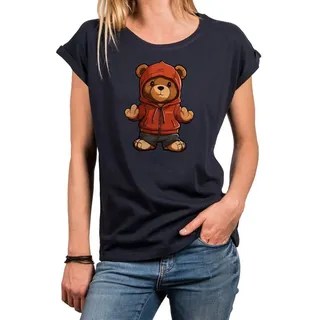 MAKAYA Print-Shirt Damen Kurzarm Teddybär coole lustige freche sexy Sommer Tops Teddy blau XS