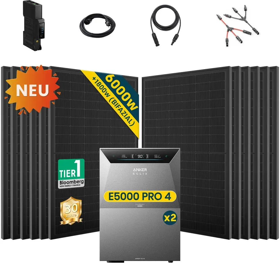 Balkonkraftwerk mit Speicher Anker SOLIX Solarbank 4 E5000 Pro 5kWh, Komplettes Photovoltaiksystem - 500W x12 / 2x BP5000 / Ohne Halterung