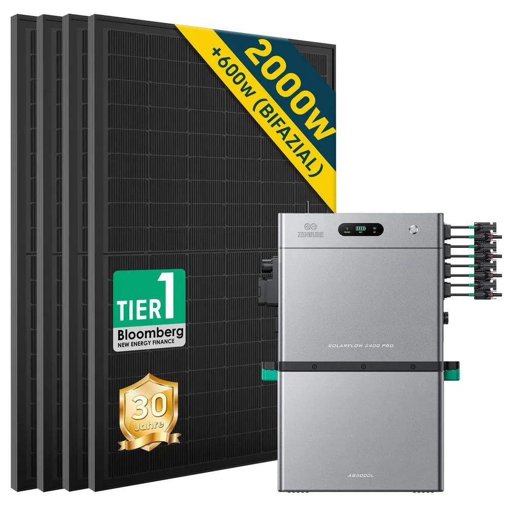 Balkonkraftwerk 2000W mit Speicher Zendure SolarFlow 2400 Pro 2.4Kwh, Komplettes Photovoltaiksystem - 4 Panels (2000Wp)🔥 / 1x AB3000L / Ohne HAL